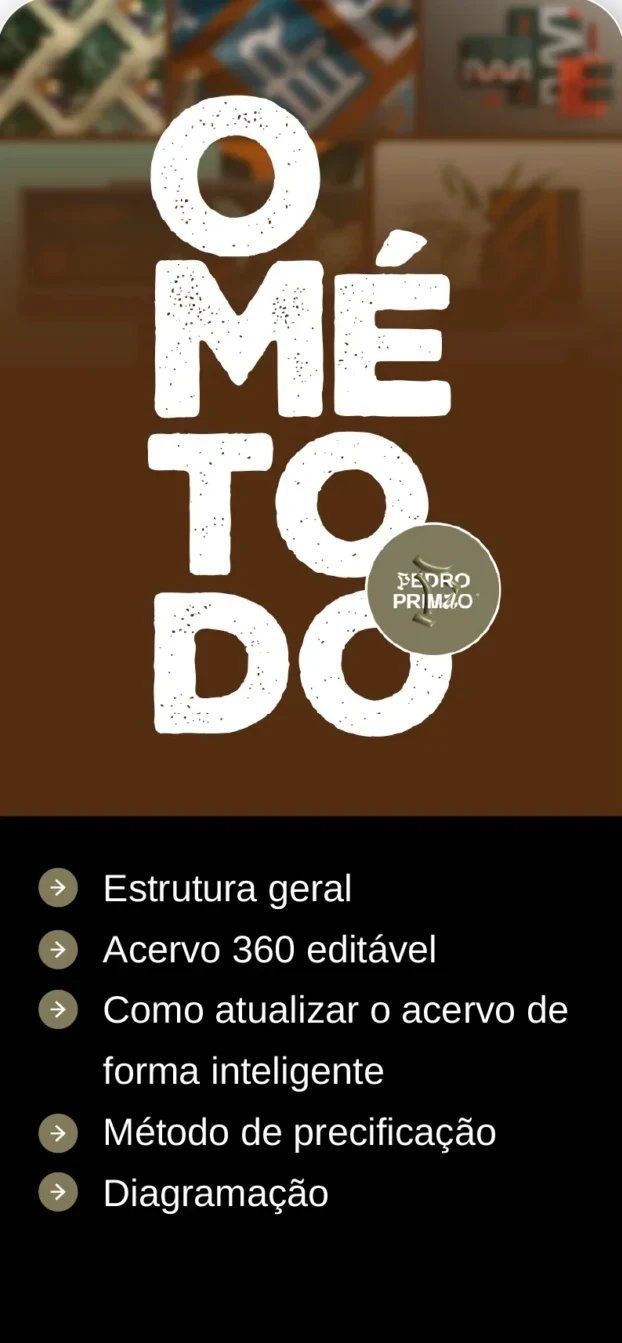 Módulo 2: O Método: estrutura geral, Acervo 360 editável, como atualizar o acervo, método de precificação e diagramação